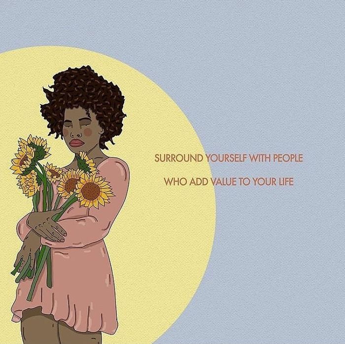 beautiful black girl with nappy hair holding daisy flowers, to be handed out to those who support and add value to her life to achieve goals